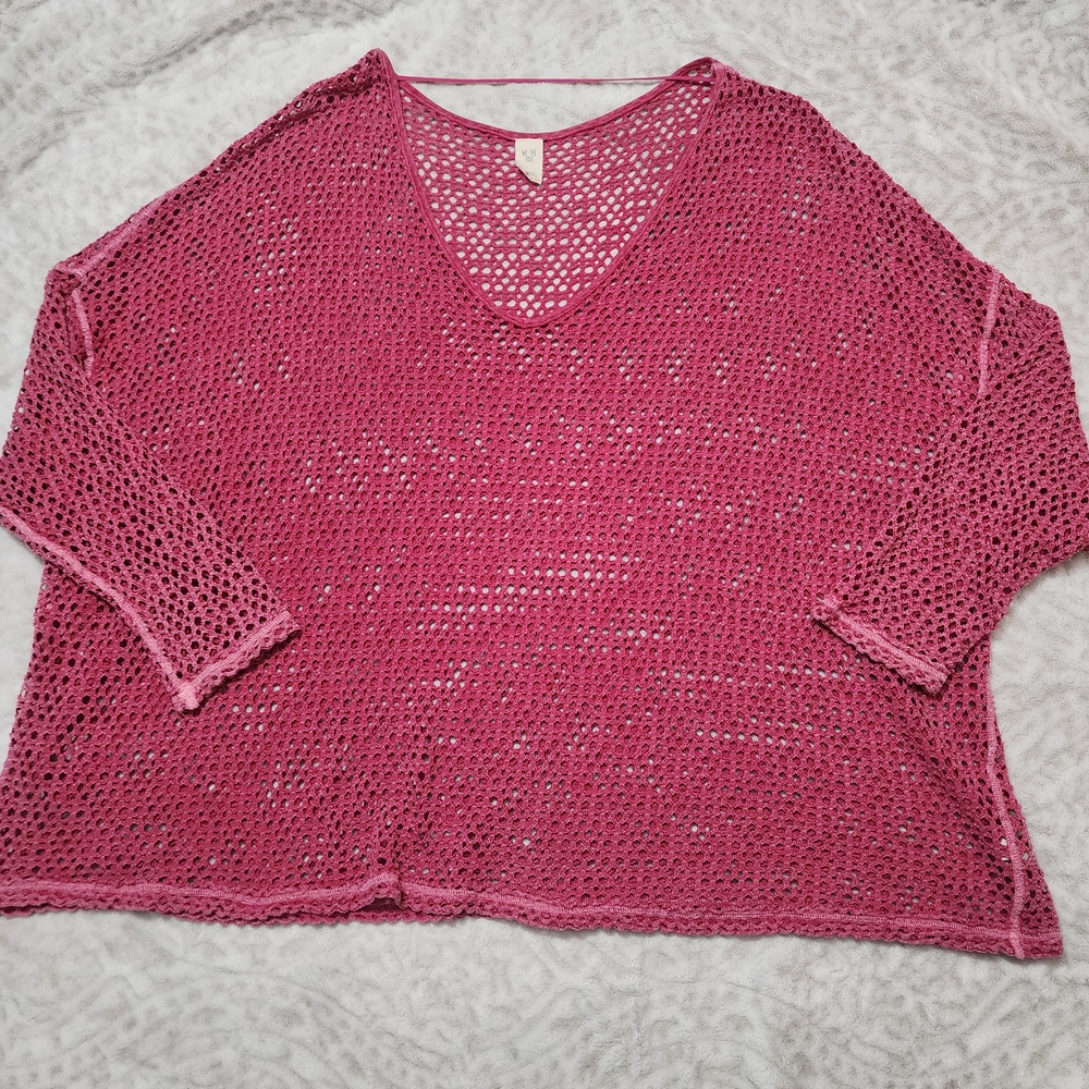 We the Free/Free People Napa Tee/Cover-Up Open Knit Crochet Oversized Sz L Pink - Picture 3 of 14